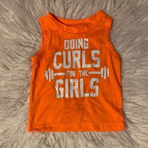Doing curls for the girls neon orange tank top 12M